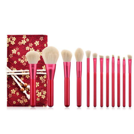 JMT-356362 Red Makeup Brush Set with Wooden Handle - 12pcs Professional Quality Tools for Easy Application