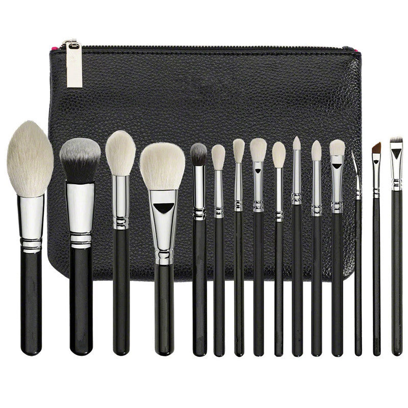 JMT-357514 15-Piece Black Makeup Brush Set with Wooden Handles and Artificial Fiber Bristles
