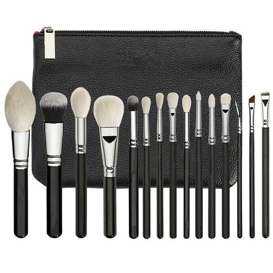 JMT-357514 15-Piece Black Makeup Brush Set with Wooden Handles and Artificial Fiber Bristles