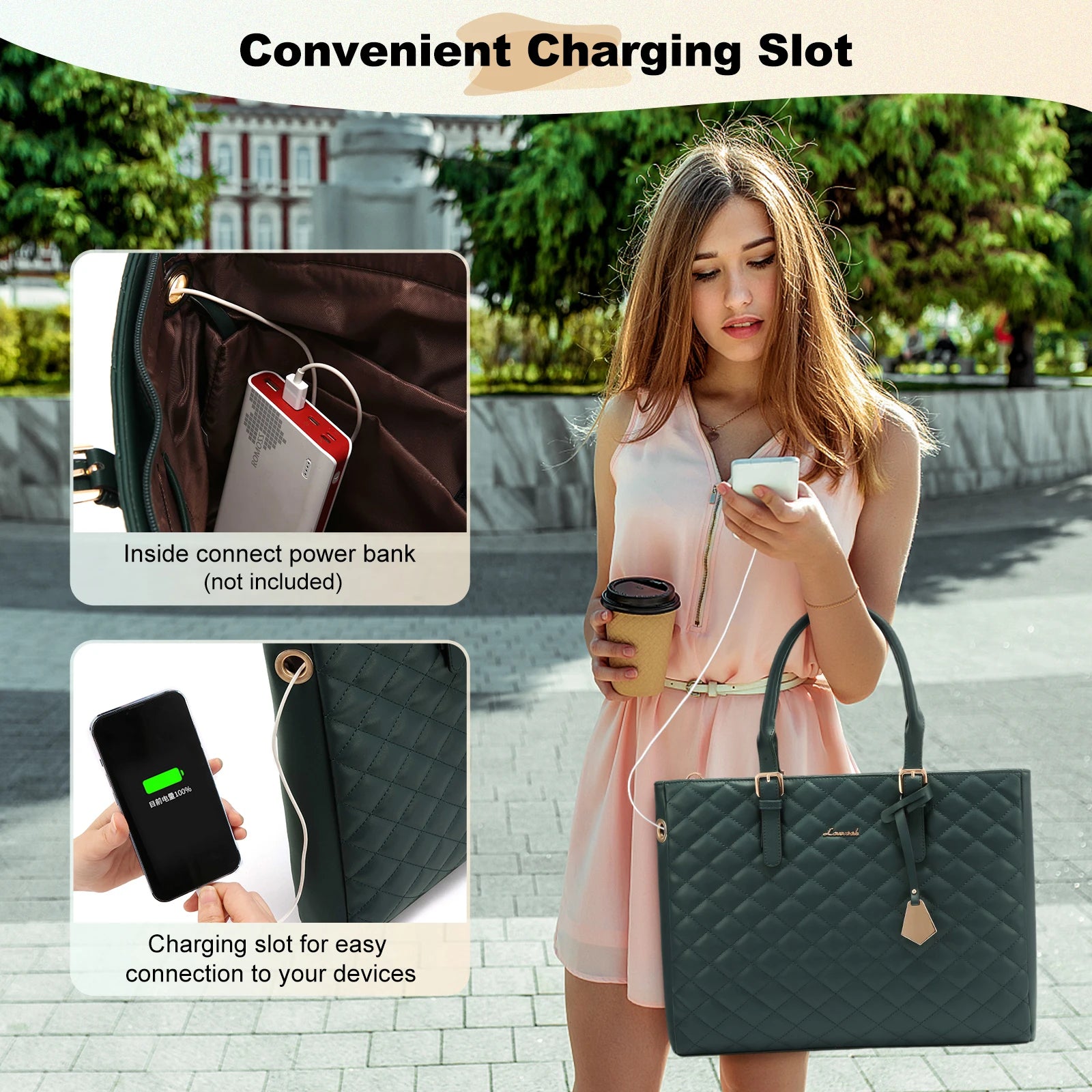 JMT-360266 Fashion Quilted Leather Geometric Briefcase and Large Tote Bag Set with USB Charging Port for Women