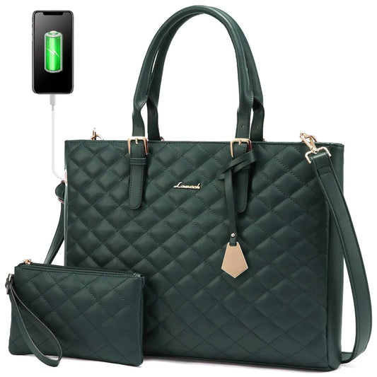 JMT-360266 Fashion Quilted Leather Geometric Briefcase and Large Tote Bag Set with USB Charging Port for Women