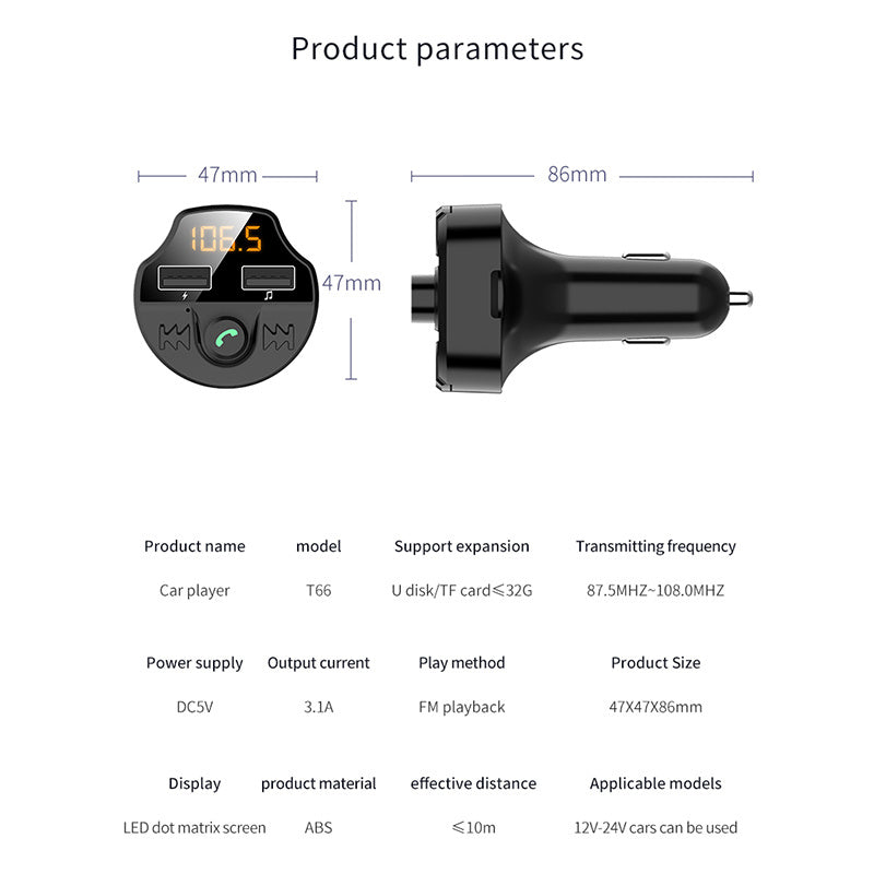 JMT-364810 Bluetooth MP3 Car Player with Noise Reduction, Dual USB Fast Charging, and Compatibility for Android/iOS