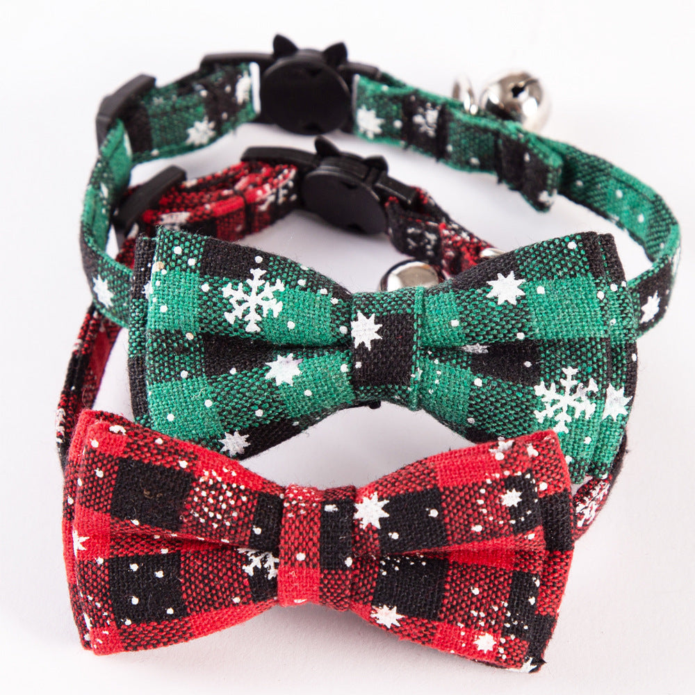 JMT-364810 Christmas Cat Bow Detachable Tartan Collar - Handmade Soft and Flexible Design for All Seasons