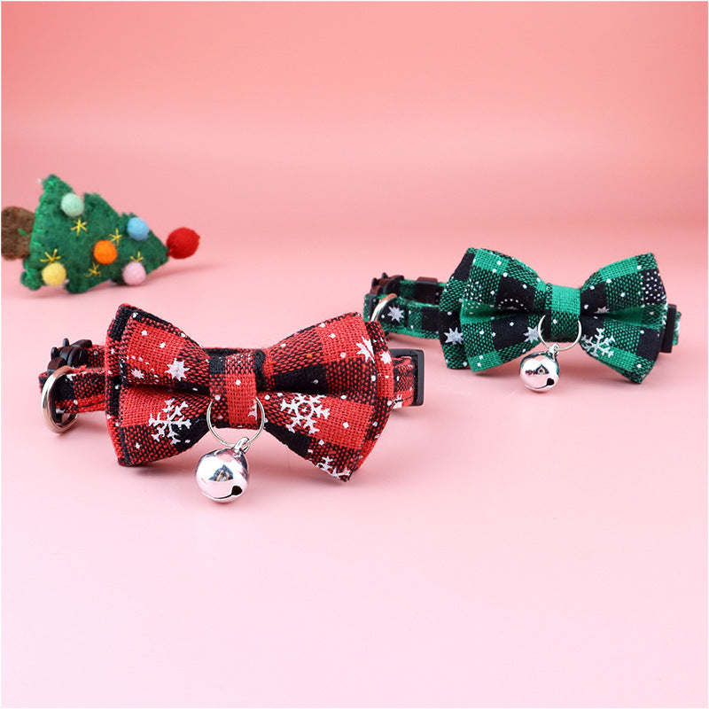 JMT-364810 Christmas Cat Bow Detachable Tartan Collar - Handmade Soft and Flexible Design for All Seasons