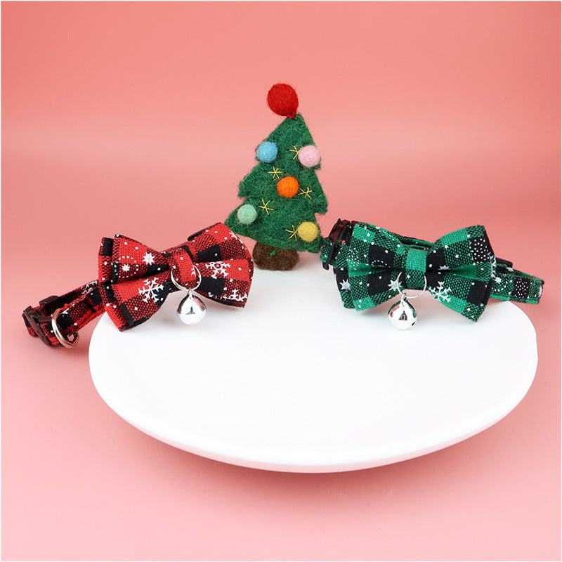 JMT-364810 Christmas Cat Bow Detachable Tartan Collar - Handmade Soft and Flexible Design for All Seasons