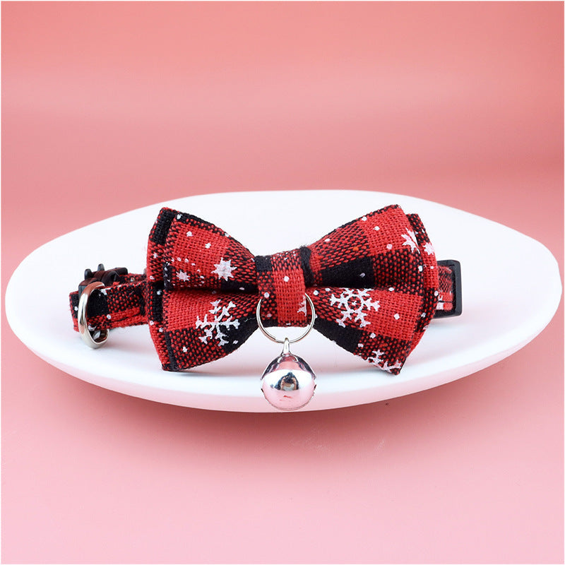 JMT-364810 Christmas Cat Bow Detachable Tartan Collar - Handmade Soft and Flexible Design for All Seasons