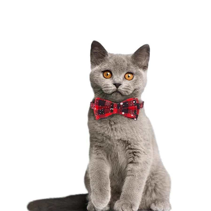 JMT-364810 Christmas Cat Bow Detachable Tartan Collar - Handmade Soft and Flexible Design for All Seasons
