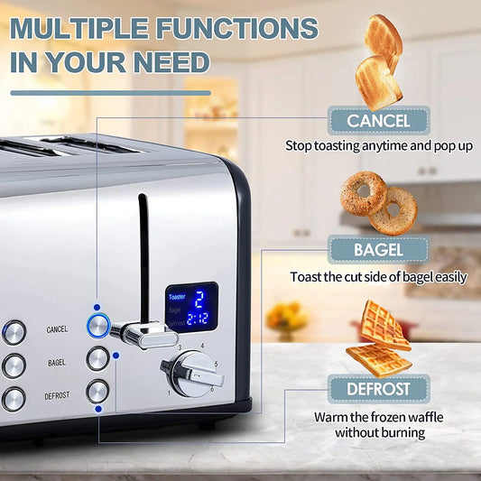 JMT-364938 Digital LED Display 4-Slice Stainless Steel Toaster with Smart Features