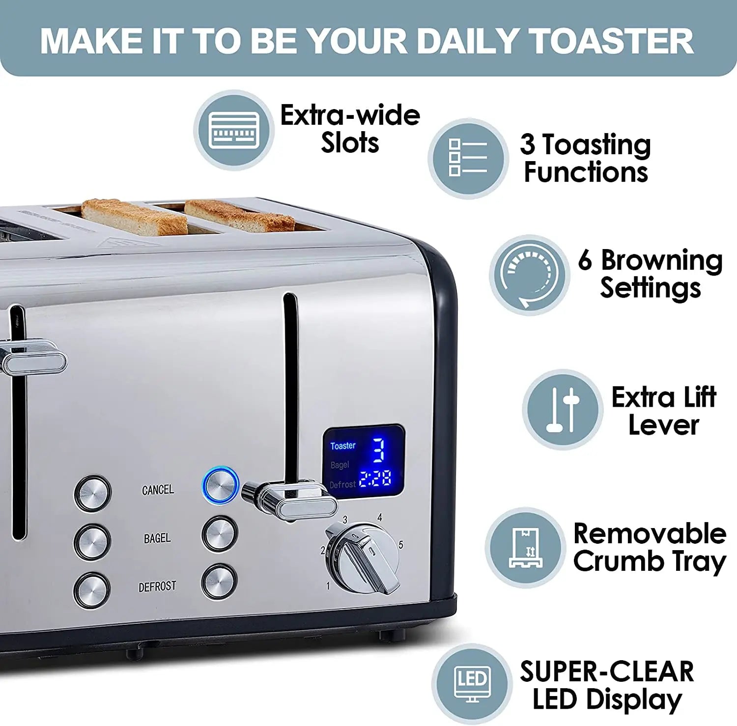 JMT-364938 Digital LED Display 4-Slice Stainless Steel Toaster with Smart Features