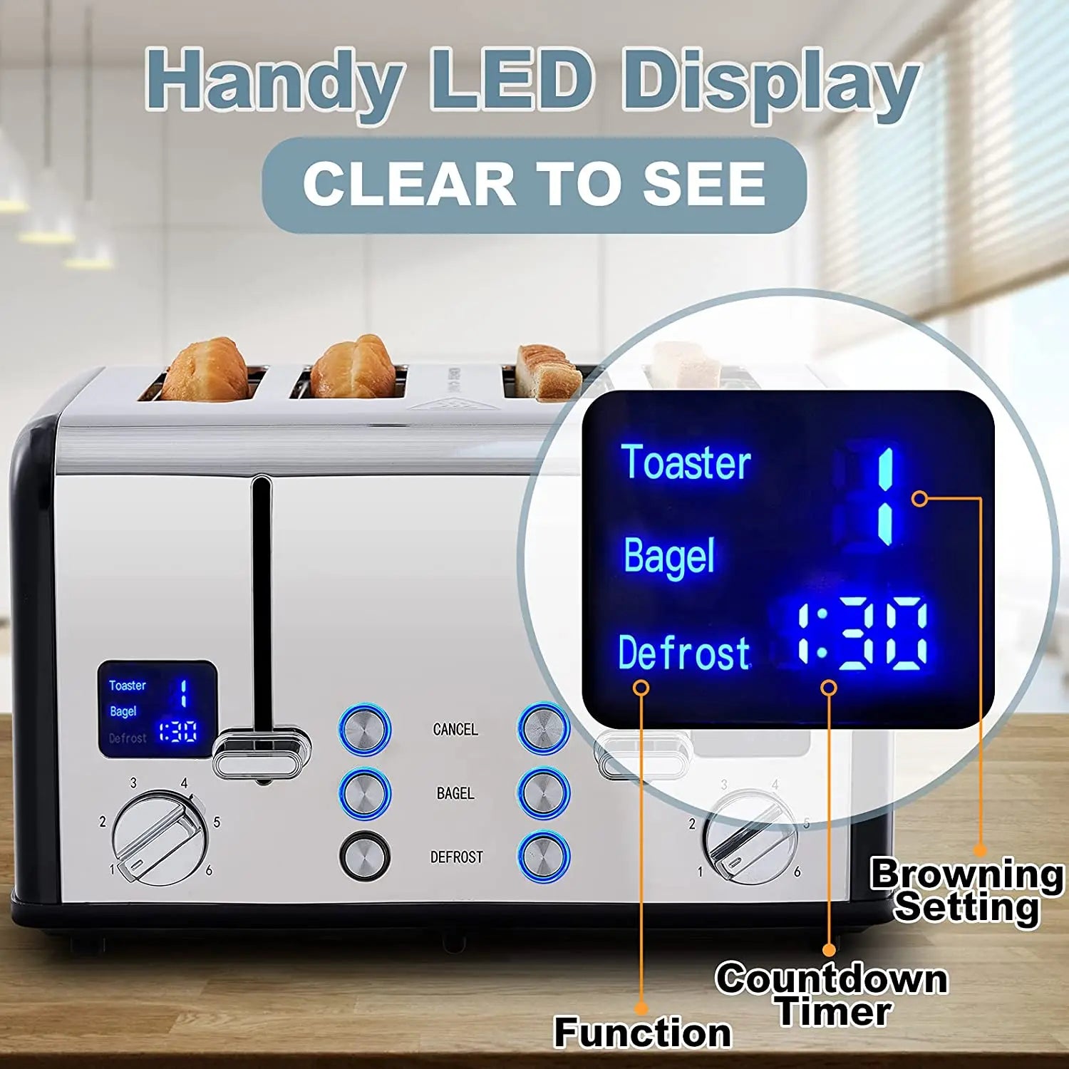 JMT-364938 Digital LED Display 4-Slice Stainless Steel Toaster with Smart Features