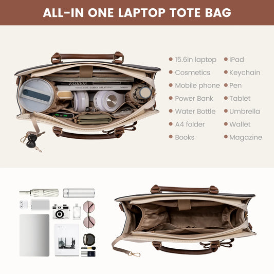 JMT-365962 Elegant Water-Resistant Leather Tote Bag for 15.6 Inch Laptops - Spacious Teacher Handbag