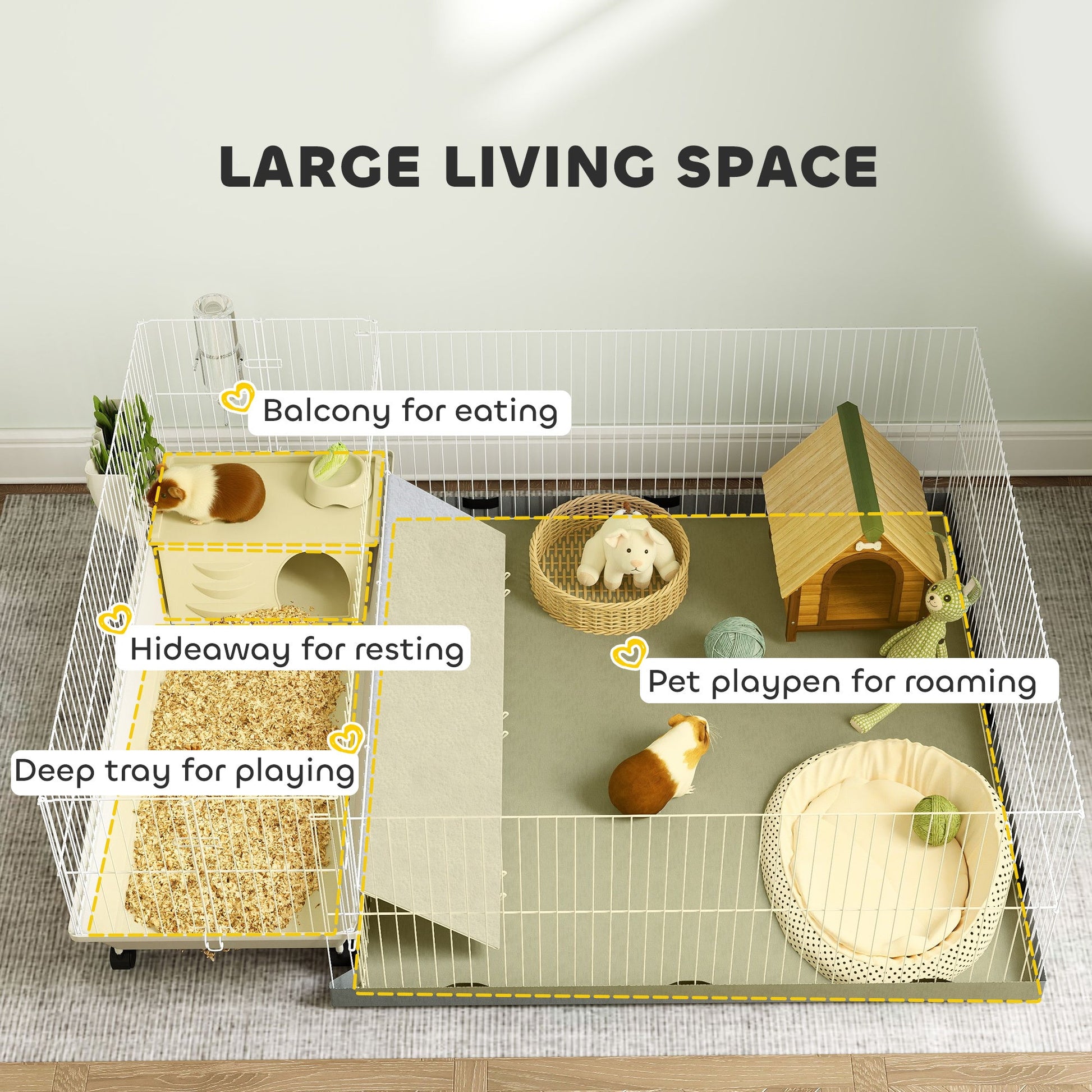 JMT-367306 Comfortable Small Animal Cage with Removable Playpen, Waterproof Pad, Hay Feeder, Water Bottle, and Food Dish for Guinea Pigs and Hedgehogs