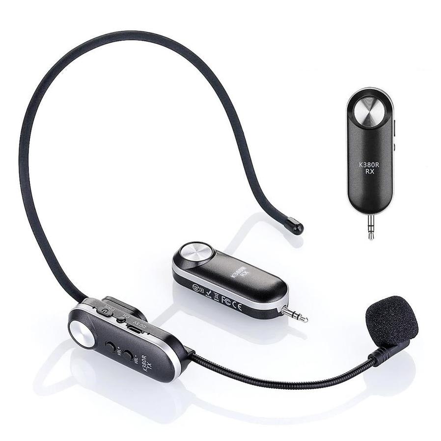 JMT-367626 UHF Wireless Headset Microphone System with 3.5mm and 6.5mm Adapters, Compact Design, 30m Range, USB Rechargeable Battery
