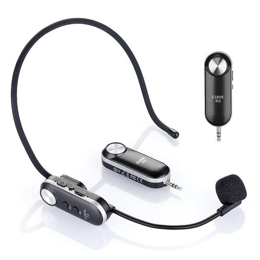 JMT-367626 UHF Wireless Headset Microphone System with 3.5mm and 6.5mm Adapters, Compact Design, 30m Range, USB Rechargeable Battery