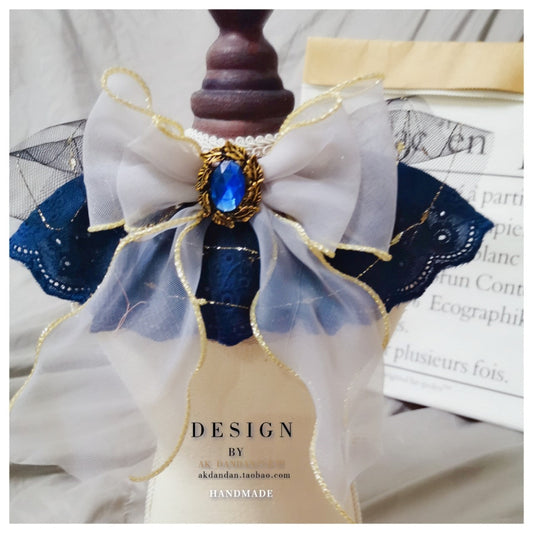 JMT-367946 Handmade Sapphire Big Bow Pet Bib for Cats and Dogs - Long Scarf Style with Collar