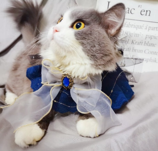 JMT-367946 Handmade Sapphire Big Bow Pet Bib for Cats and Dogs - Long Scarf Style with Collar