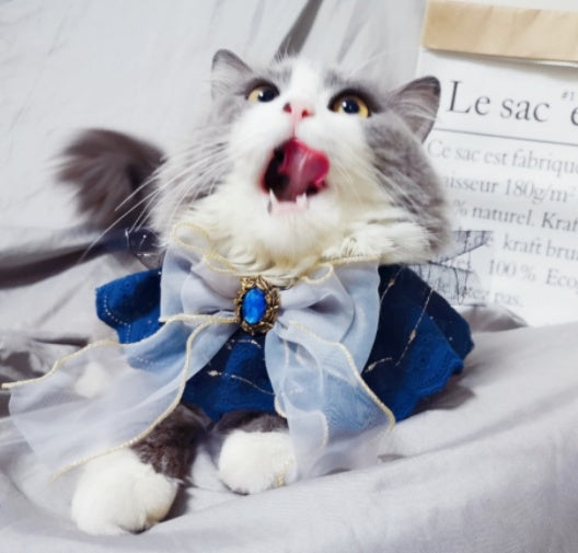 JMT-367946 Handmade Sapphire Big Bow Pet Bib for Cats and Dogs - Long Scarf Style with Collar