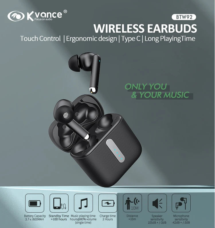 JMT-368778 True Wireless Earbuds with Long Standby Time and Advanced Sound Quality - Model BTW92