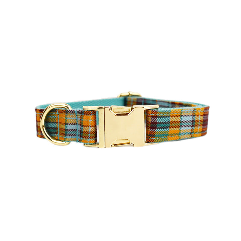 JMT-369098 Green Plaid Pet Collar and Leash Set - Comfortable Cloth Material for Dogs