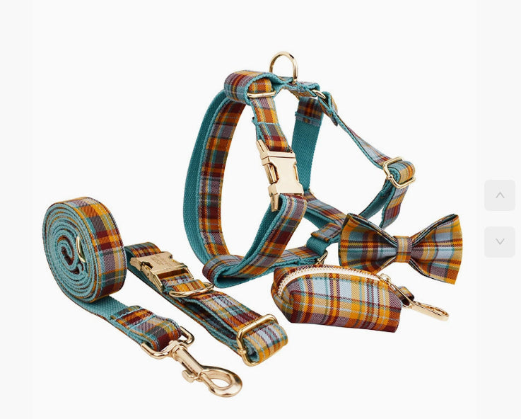 JMT-369098 Green Plaid Pet Collar and Leash Set - Comfortable Cloth Material for Dogs