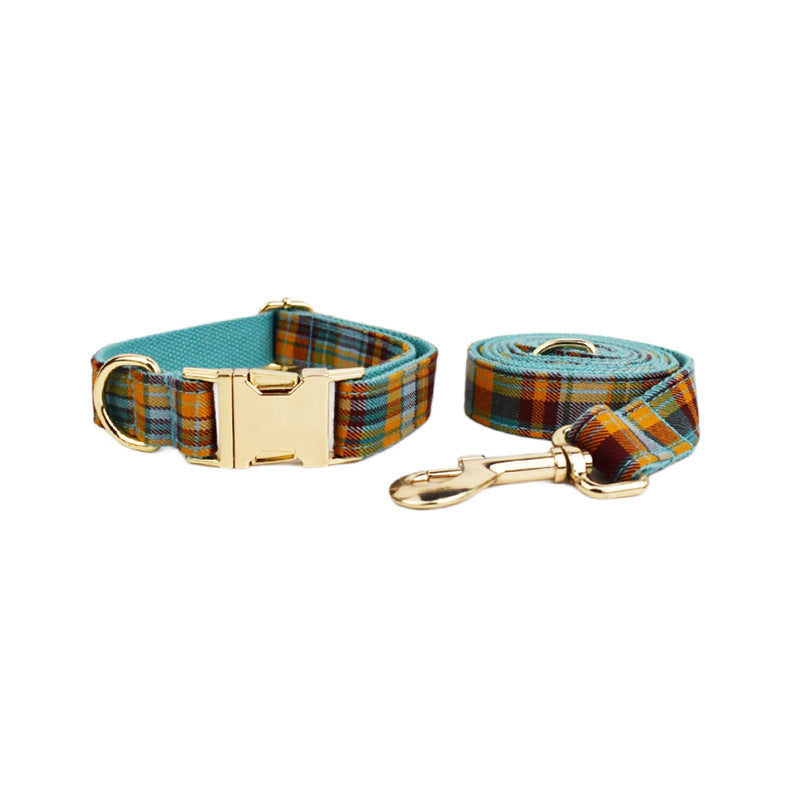 JMT-369098 Green Plaid Pet Collar and Leash Set - Comfortable Cloth Material for Dogs
