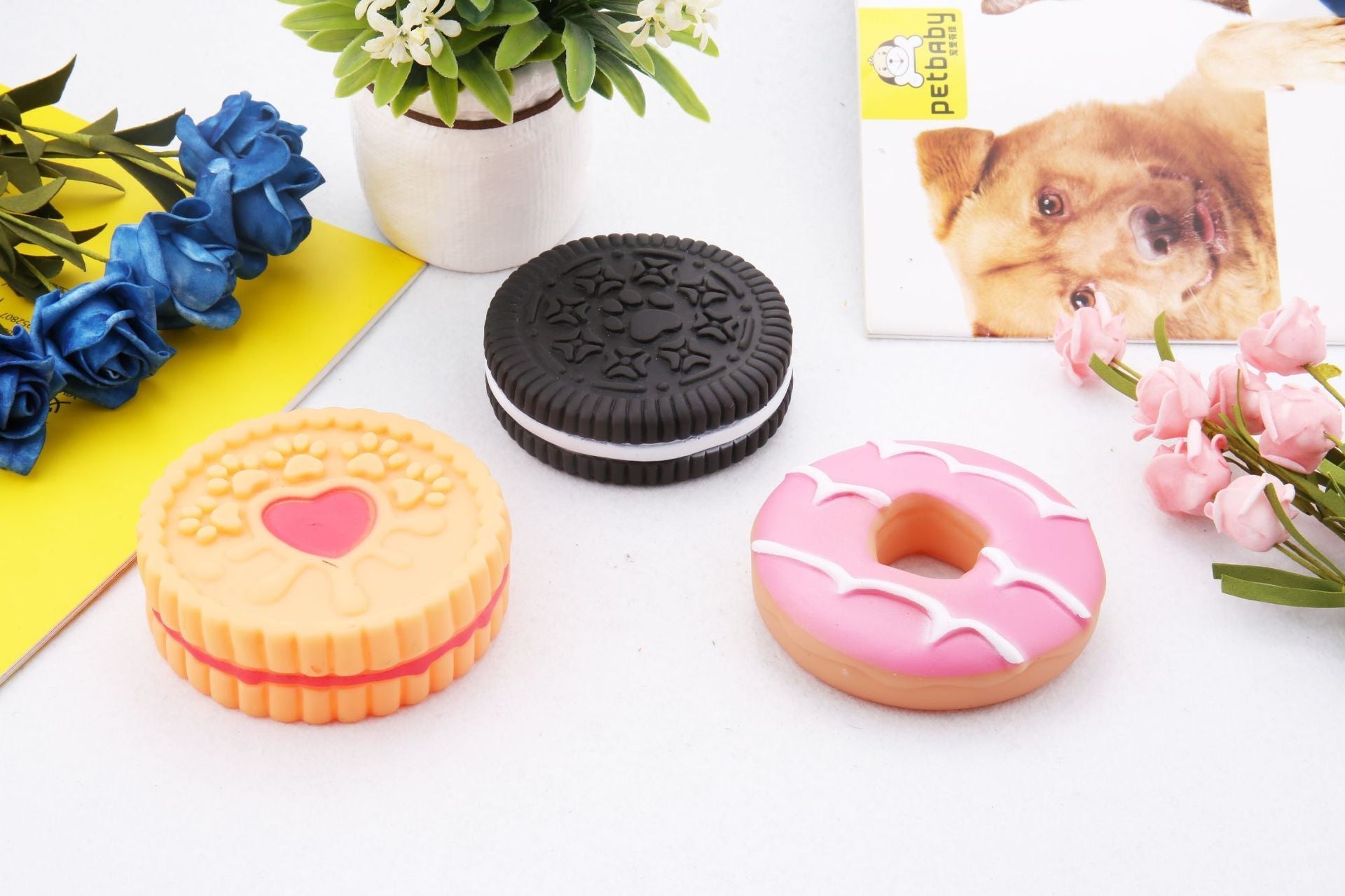 JMT-369738 Durable PVC Vinyl Dog Molar Ball Toy with Sound - Three Fun Shapes: Oreo, Pink Donut, Love Biscuit