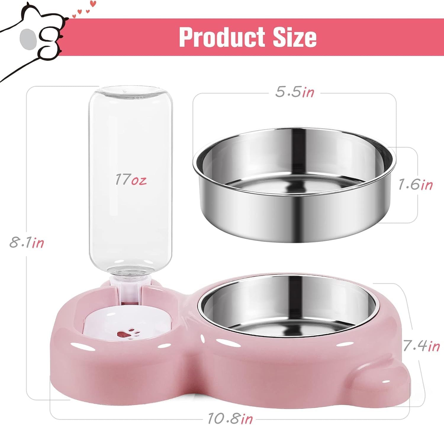 JMT-371722 Pet Food and Water Bowl Set with Automatic Water Dispenser and Stainless Steel Bowl for Cats and Small Dogs