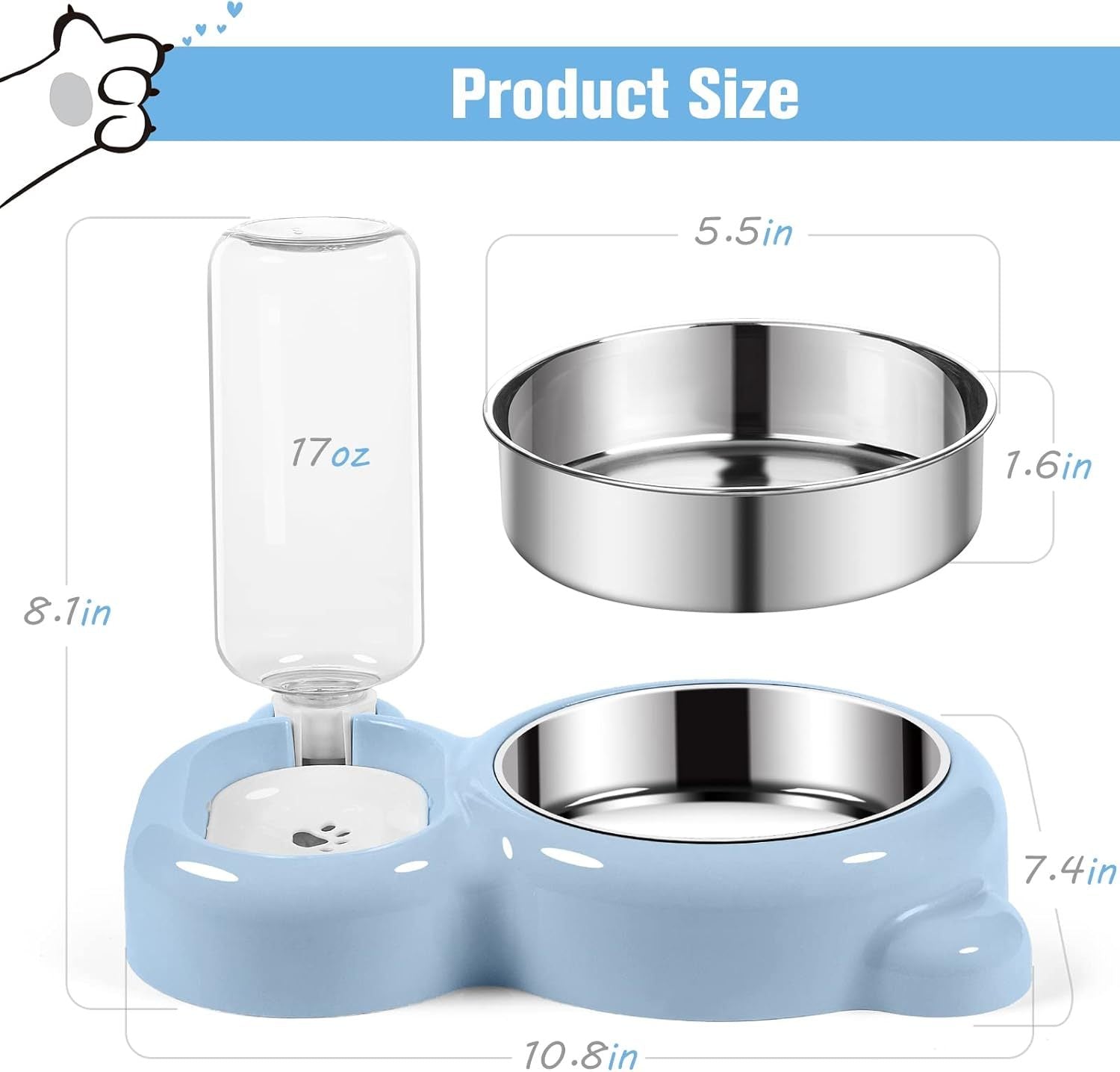 JMT-371722 Pet Food and Water Bowl Set with Automatic Water Dispenser and Stainless Steel Bowl for Cats and Small Dogs