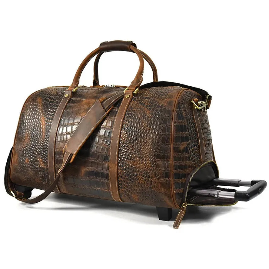 JMT-372426 Vintage Cowhide Crocodile Pattern 20" Travel Trolley Case with Large Capacity and Genuine Leather Accents