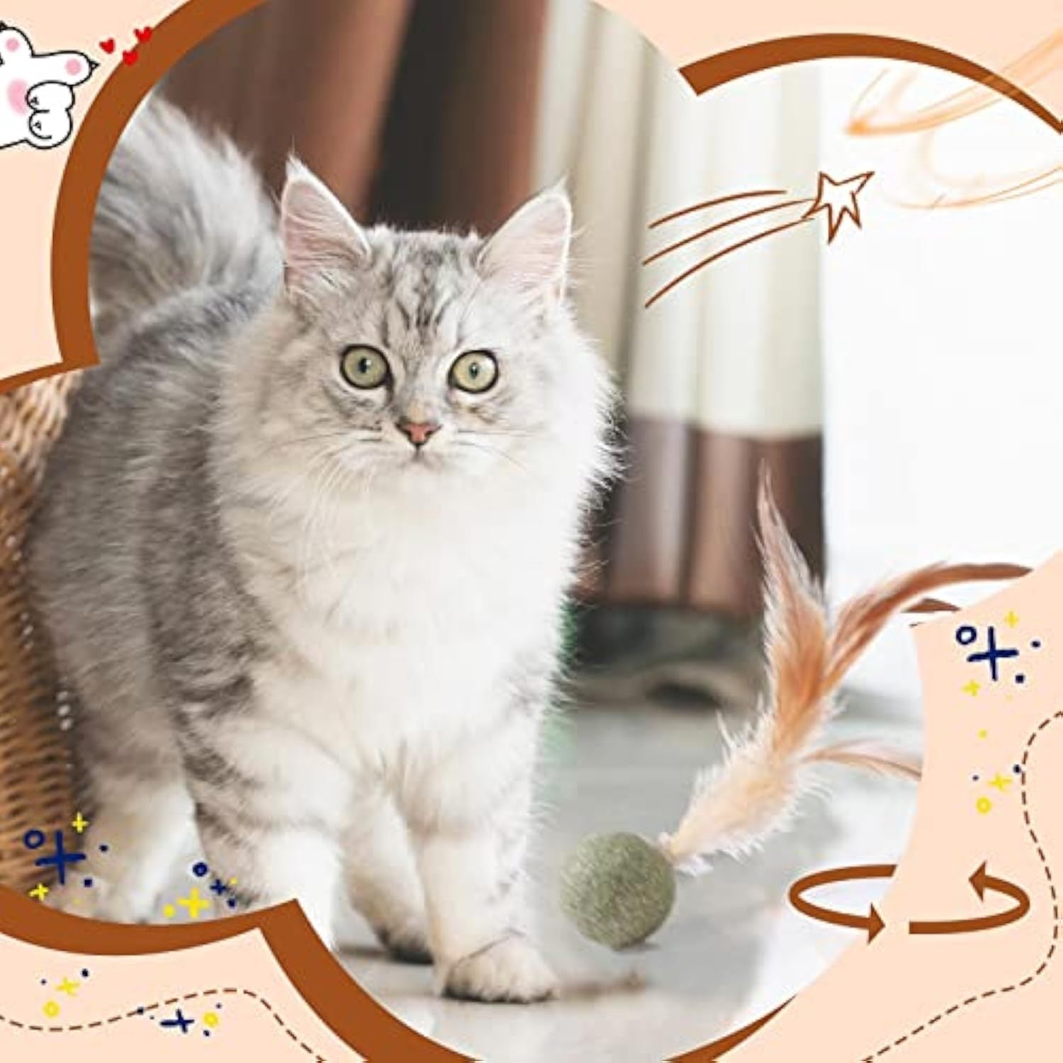 JMT-373194 Natural Catnip Feather Ball Toy for Cats - Interactive Kicker with Compressed Catnip and Feathers - Promotes Play and Digestion