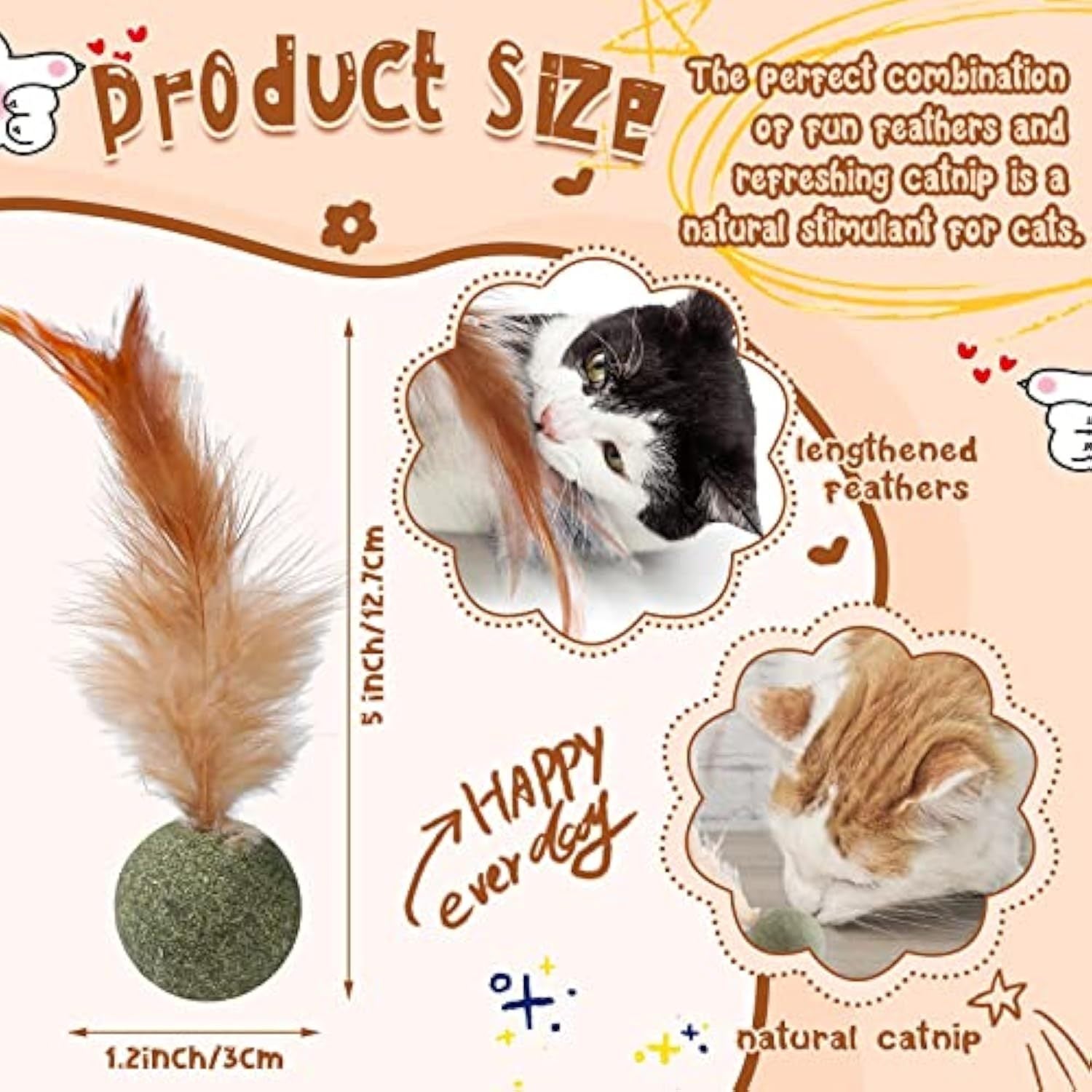 JMT-373194 Natural Catnip Feather Ball Toy for Cats - Interactive Kicker with Compressed Catnip and Feathers - Promotes Play and Digestion