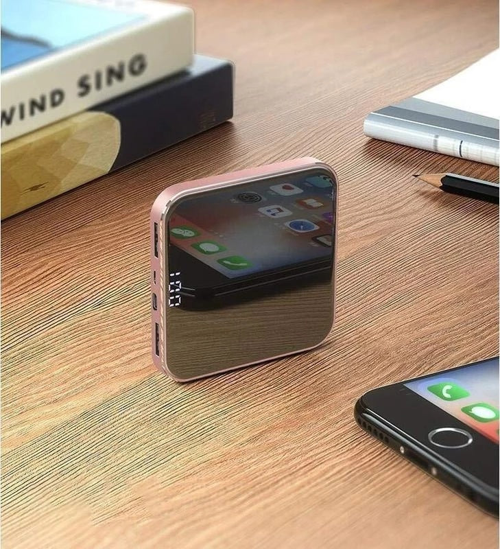 JMT-374218 Ultra-Thin Mirror Mini Power Bank with LCD Display – 8000mAh Capacity in Mysterious Black, Chinese Red, and Rose Gold