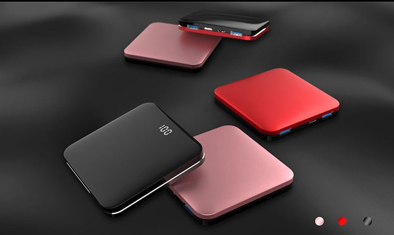 JMT-374218 Ultra-Thin Mirror Mini Power Bank with LCD Display – 8000mAh Capacity in Mysterious Black, Chinese Red, and Rose Gold