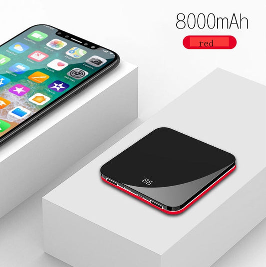 JMT-374218 Ultra-Thin Mirror Mini Power Bank with LCD Display – 8000mAh Capacity in Mysterious Black, Chinese Red, and Rose Gold