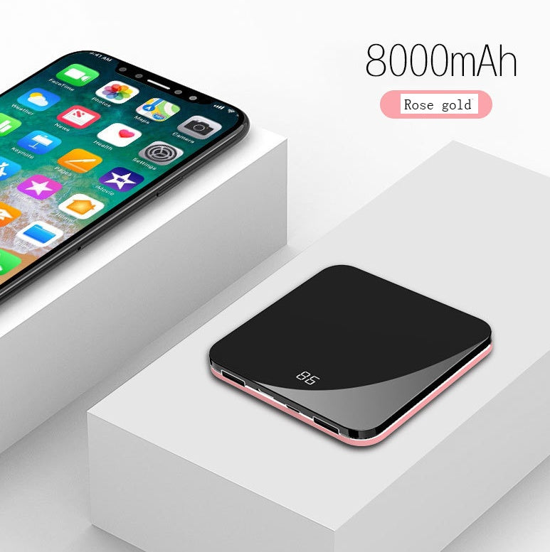 JMT-374218 Ultra-Thin Mirror Mini Power Bank with LCD Display – 8000mAh Capacity in Mysterious Black, Chinese Red, and Rose Gold