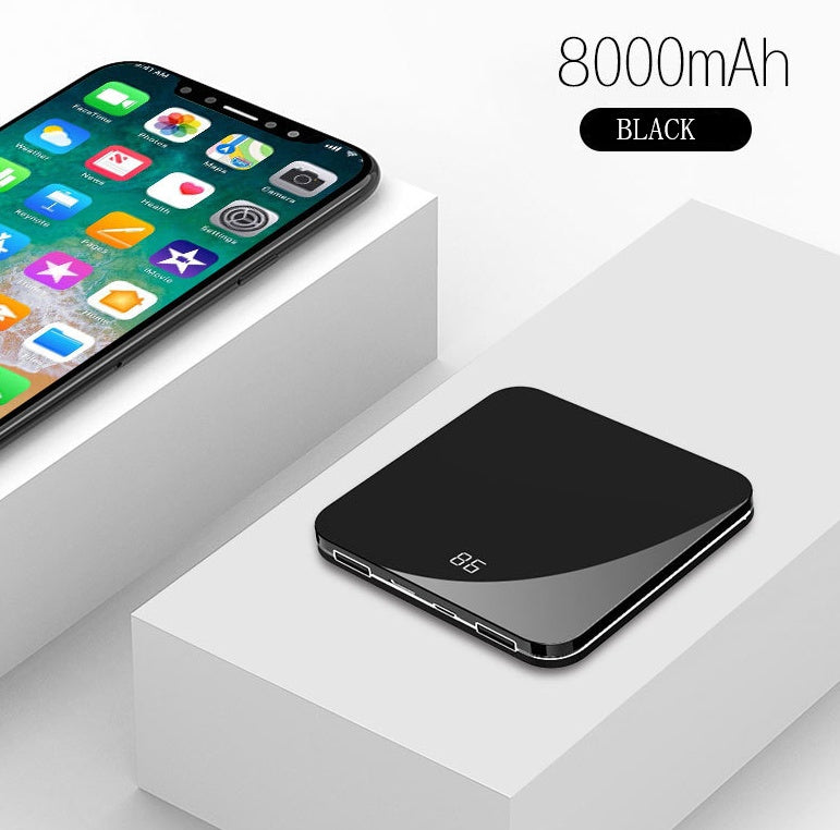 JMT-374218 Ultra-Thin Mirror Mini Power Bank with LCD Display – 8000mAh Capacity in Mysterious Black, Chinese Red, and Rose Gold