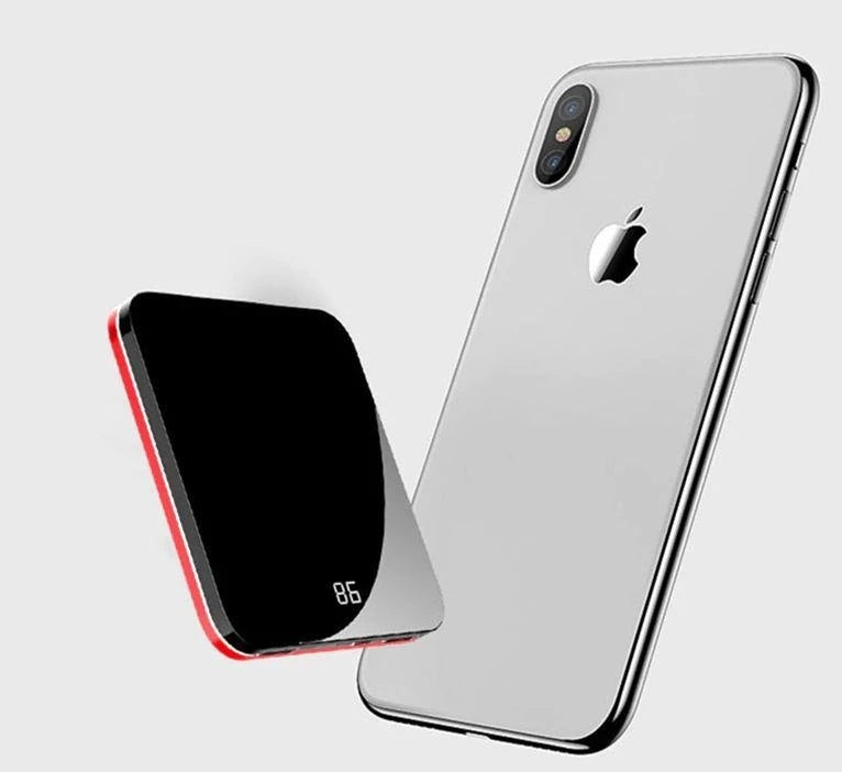 JMT-374218 Ultra-Thin Mirror Mini Power Bank with LCD Display – 8000mAh Capacity in Mysterious Black, Chinese Red, and Rose Gold