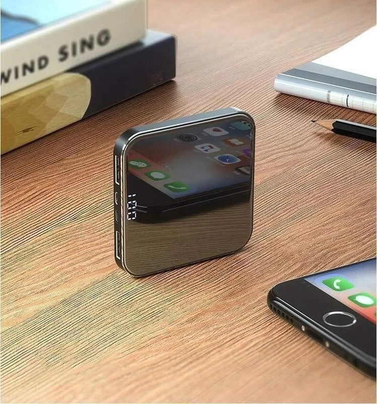 JMT-374218 Ultra-Thin Mirror Mini Power Bank with LCD Display – 8000mAh Capacity in Mysterious Black, Chinese Red, and Rose Gold