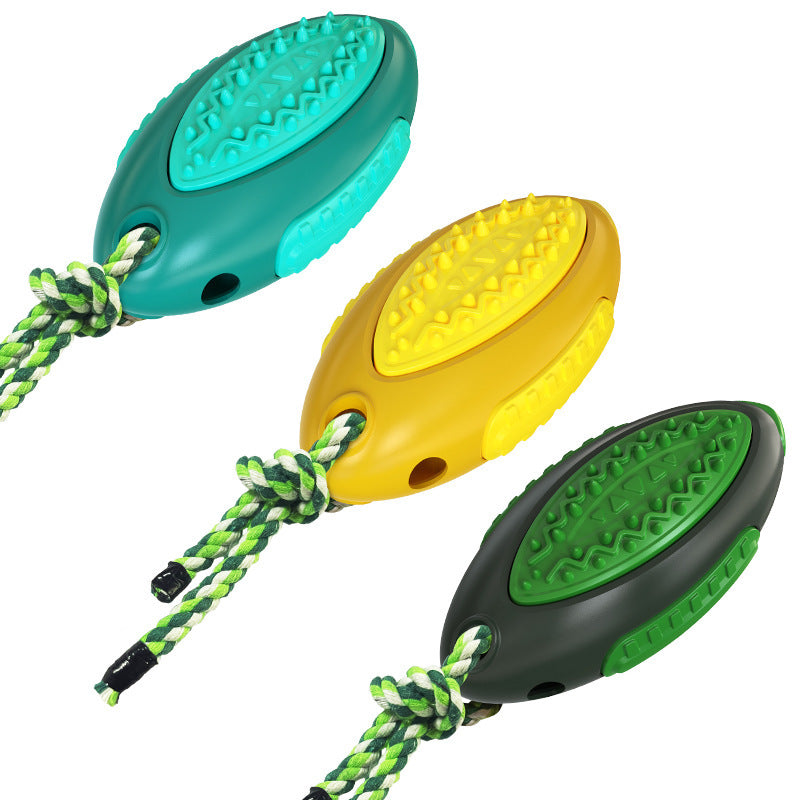 JMT-374346 Voice Leaky Molars Rugby Dog Toy - Durable Plastic in Lake Blue, Yellow, and Dark Green