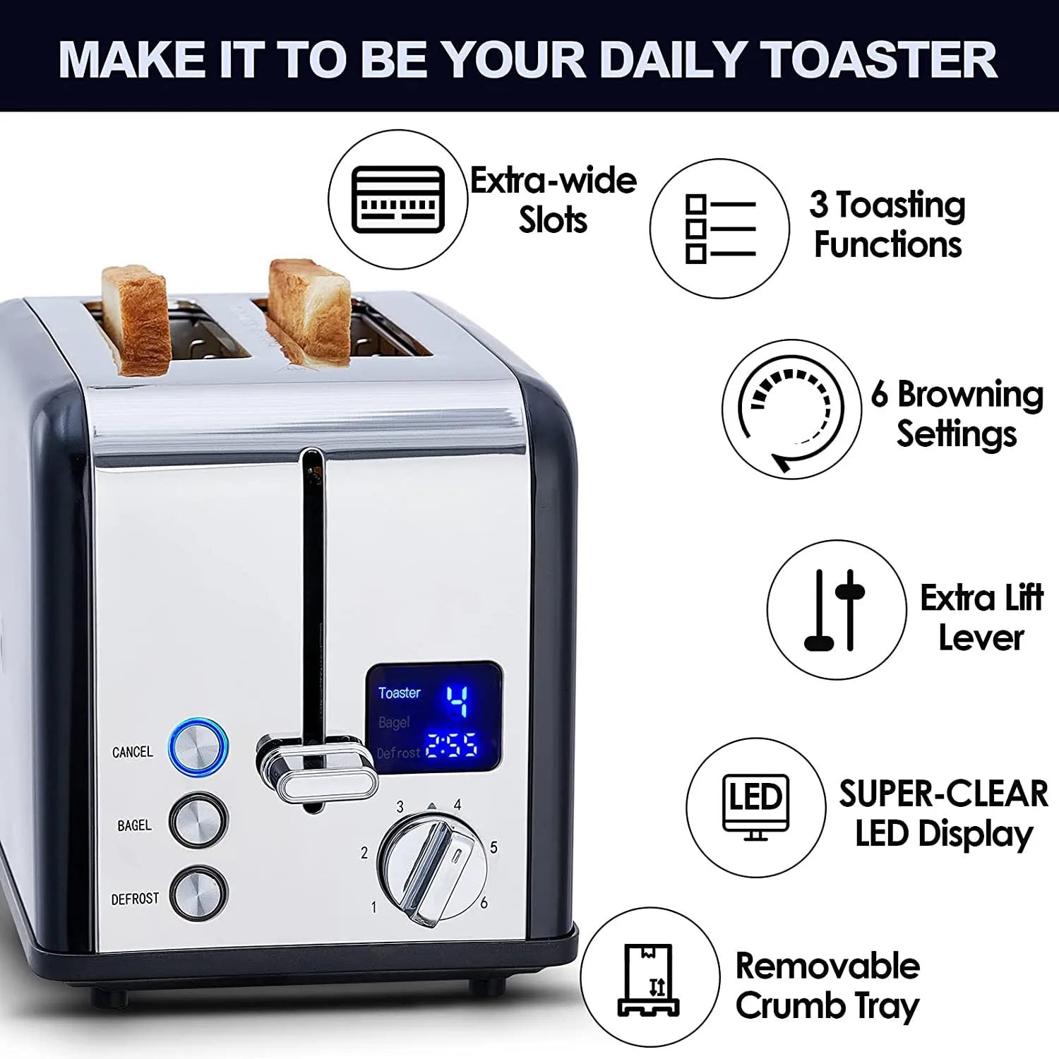 JMT-377162 2-Slice Smart Touchscreen Bread Toaster with LED Display and Dust Cover