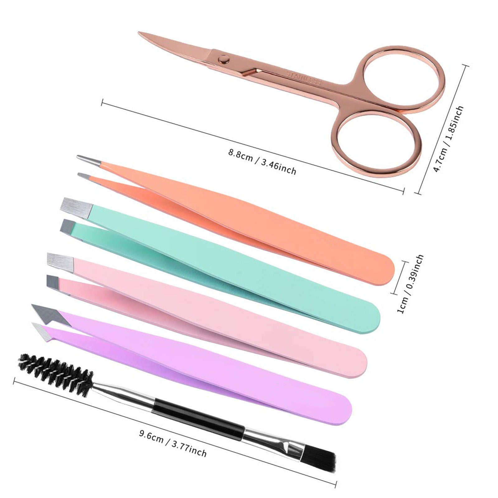 JMT-377482 6-Piece Stainless Steel Eyebrow Tweezers Set with Curved Scissors and Brush for Precise Shaping and Ingrown Hair Removal