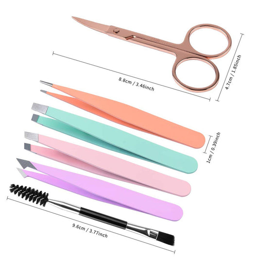 JMT-377482 6-Piece Stainless Steel Eyebrow Tweezers Set with Curved Scissors and Brush for Precise Shaping and Ingrown Hair Removal