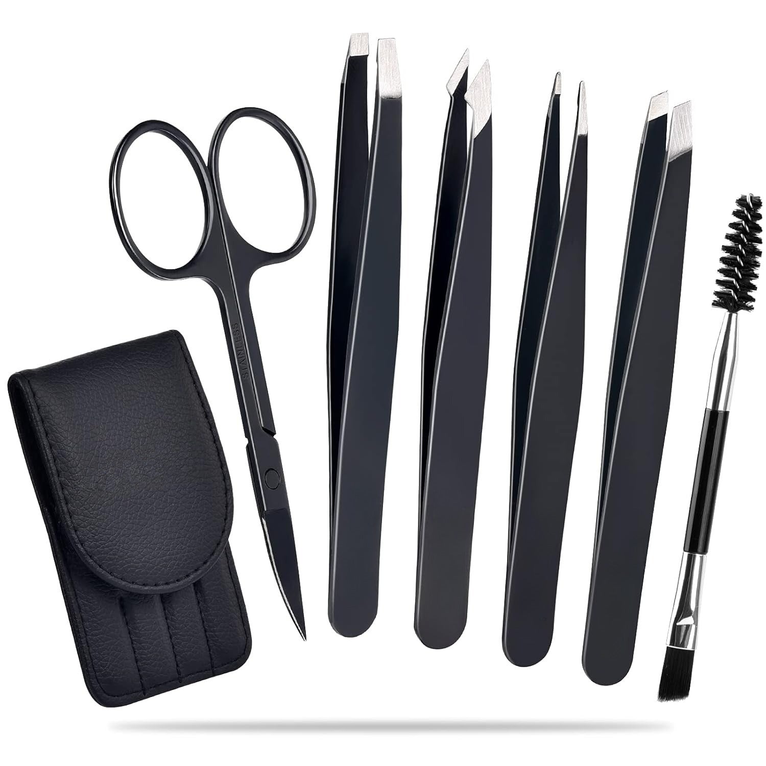 JMT-377482 6-Piece Stainless Steel Eyebrow Tweezers Set with Curved Scissors and Brush for Precise Shaping and Ingrown Hair Removal