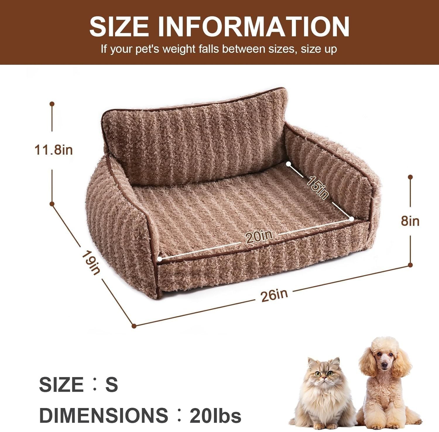 JMT-377802 Orthopedic Cat Couch Pet Bed with Removable Cover - 26x19x11.8 Inch, Soft Fabric, Non-Slip Design, Ideal for Small Dogs and Cats