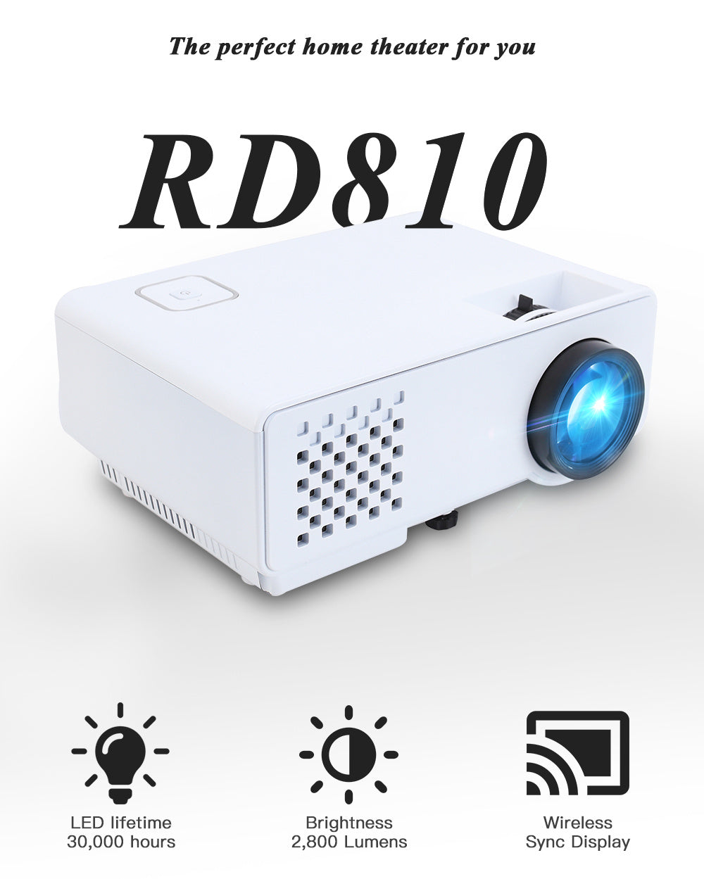 JMT-379978 Compact Mini Projector RD-810 - 800x480 Resolution for Home & Outdoor Use