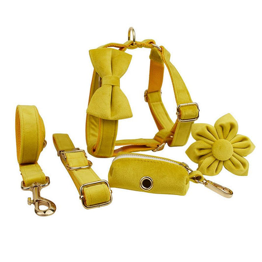 JMT-382282 Soft Velvet Dog Collar Set with Leash, Bow, Flower, Vest, and Poop Bag - Adjustable Sizes XS to XL