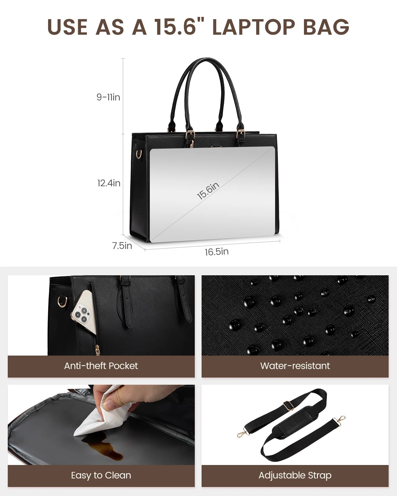 JMT-384074 Insulated Laptop Lunch Tote Bag with Removable Pocket for 15.6 Inch Laptops - Large Capacity Handbag for Work