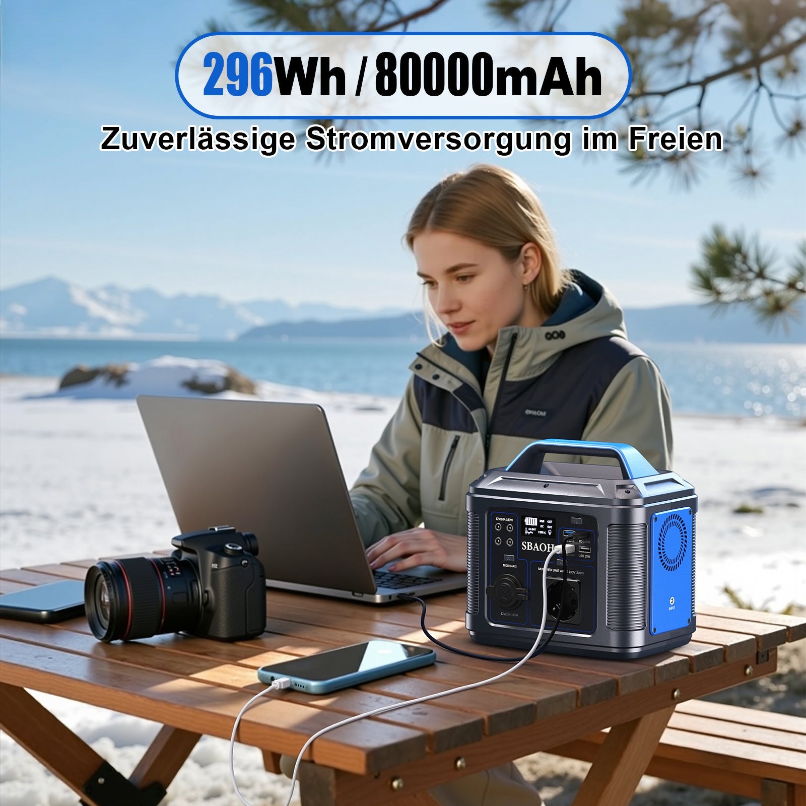 JMT-384586 Portable Solar Power Station 296Wh with Multiple Charging Options and LED Flashlight for Outdoor Use