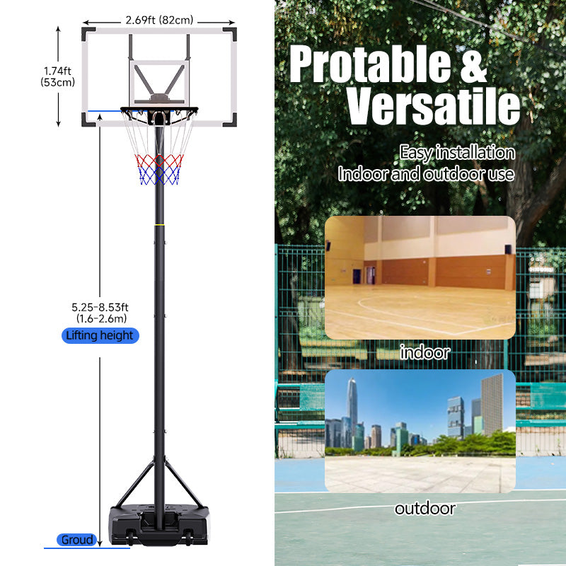 JMT-385482 Portable Adjustable Basketball Hoop with PC Backplate, Large Base, and Wheels (5.25-8.53 Ft)