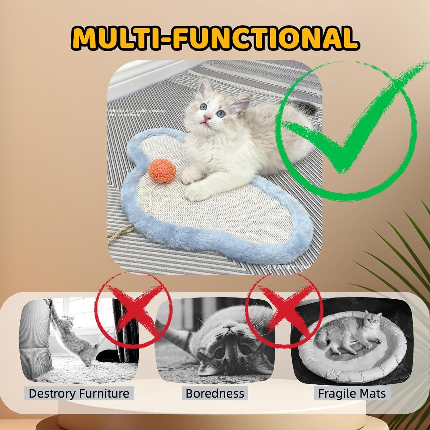 JMT-386570 Wall-Mounted Natural Sisal Cat Scratching Mat with Cute Sleeping Cat Design - Durable Indoor Furniture Protector